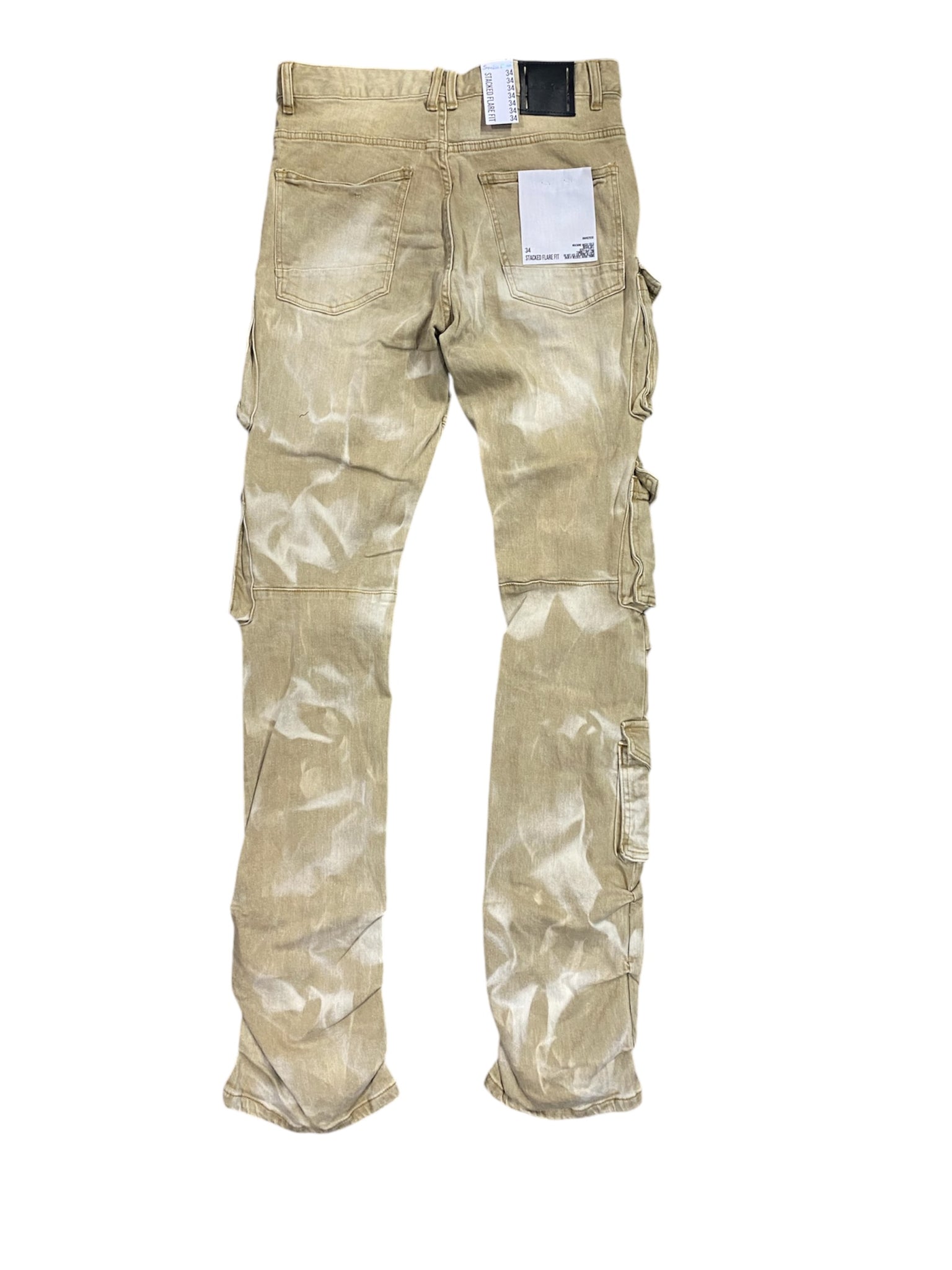 Smoke Rise Stacked Flared Multi Pocket Cargo Jeans - Brulee