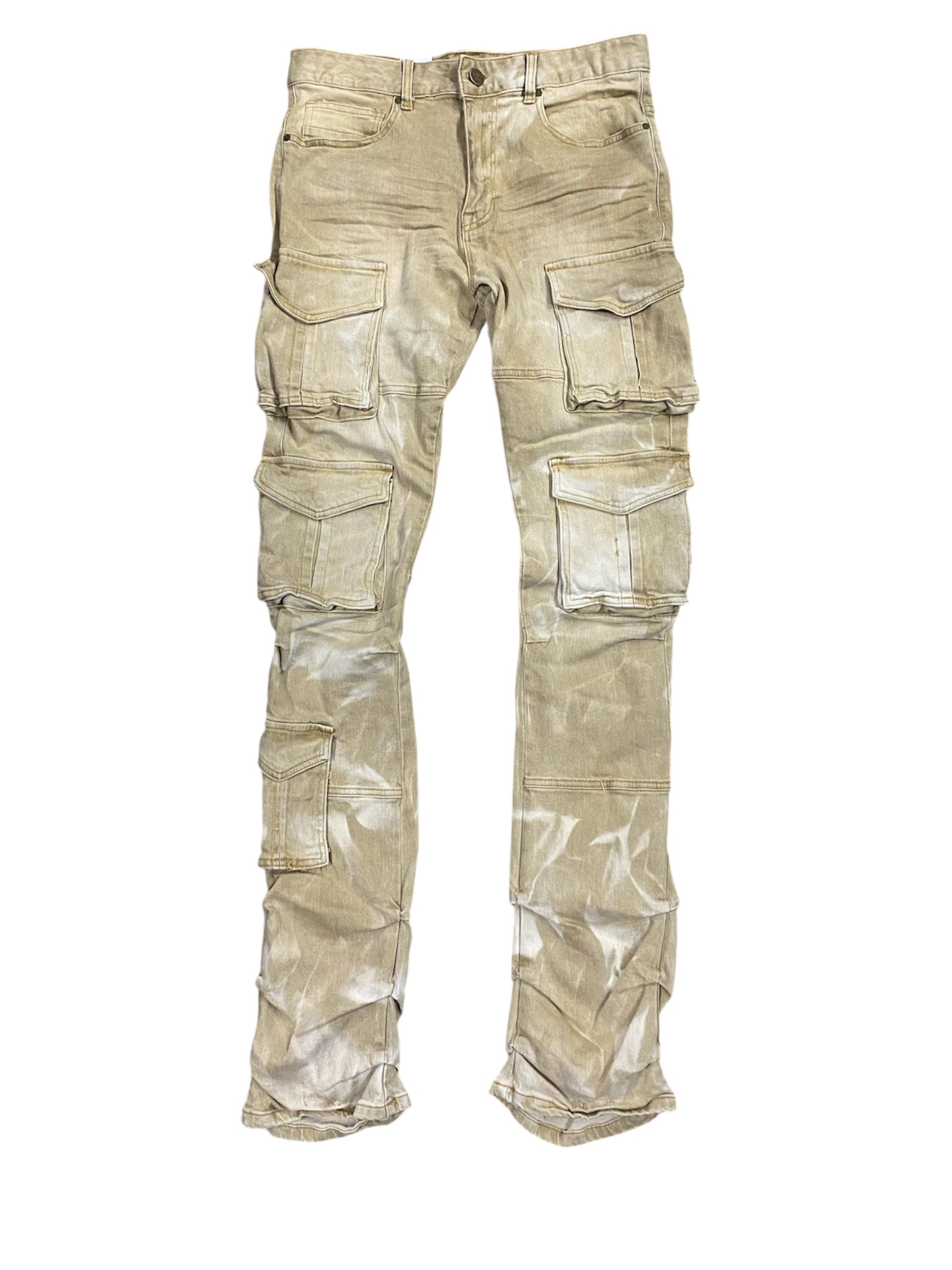 Smoke Rise Stacked Flared Multi Pocket Cargo Jeans - Brulee