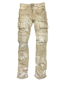 Smoke Rise Stacked Flared Multi Pocket Cargo Jeans - Brulee